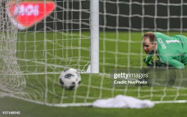 The ball past goalkeeper Peter Gulacsi of Hungary during friendly football match between Hungary and Kazakhstan at Groupama Arena on March 23, 2018...