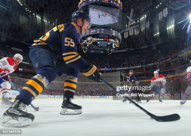 Rasmus Ristolainen skates against the Montreal Canadiens during an NHL game on March 23, 2018 at KeyBank Center in Buffalo, New York.