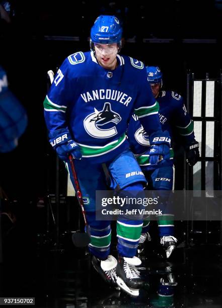 Ben Hutton of the Vancouver Canucks steps onto the ice during their NHL game against the New York Islanders at Rogers Arena March 5, 2018 in...