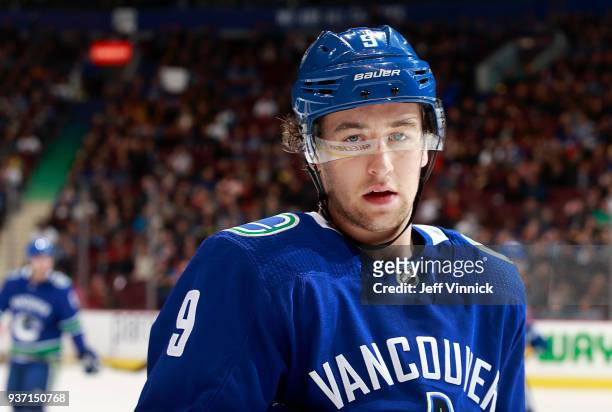 Brendan Leipsic of the Vancouver Canucks looks on from the bench during their NHL game against the New York Islanders at Rogers Arena March 5, 2018...