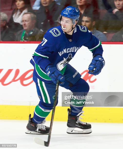 Nikolay Goldobin of the Vancouver Canucks skates up ice during their NHL game against the New York Islanders at Rogers Arena March 5, 2018 in...