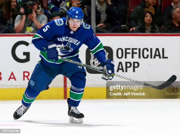 Derrick Pouliot of the Vancouver Canucks skates up ice during their NHL game against the New York Islanders at Rogers Arena March 5, 2018 in...