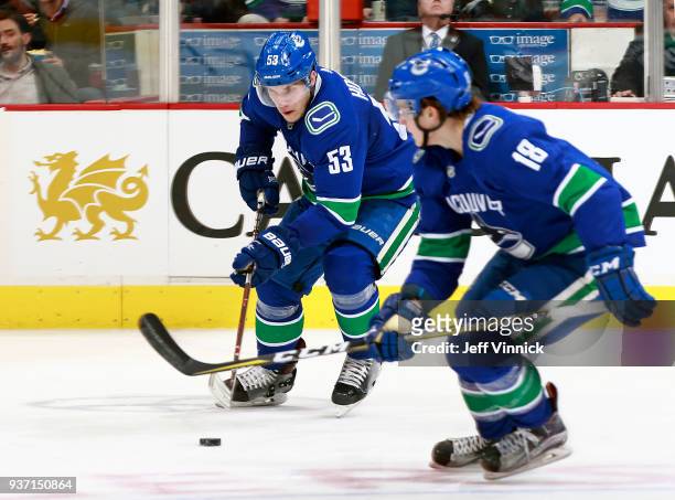Jake Virtanen of the Vancouver Canucks looks on as teammate Bo Horvat skates up ice with the puck during their NHL game against the New York...