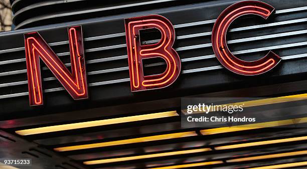 The historic Art Deco-style sign sits above the entrance to NBC Studios is seen December 3, 2009 in New York City. Comcast Corporation announced...