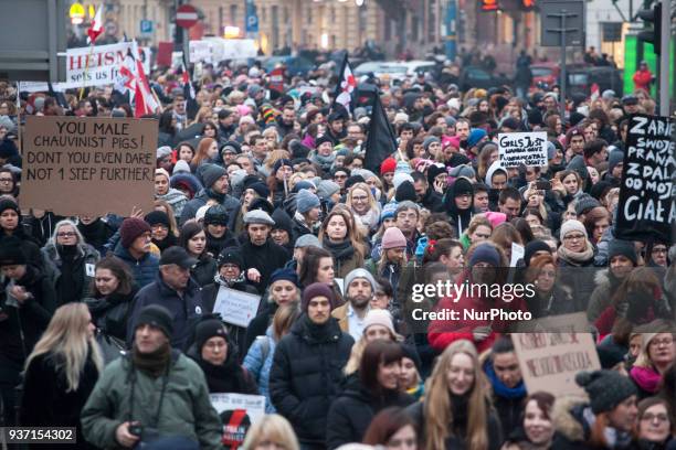 Feminists during strike against restrictions in Abortion Law in Warsaw on March 23, 2018.