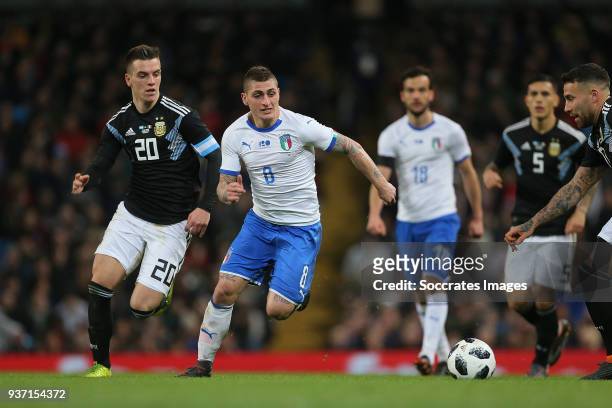 Giovani Lo Celso of Argentina, Marco Verratti of Italy during the International Friendly match between Italy v Argentina at the Etihad Stadium on...