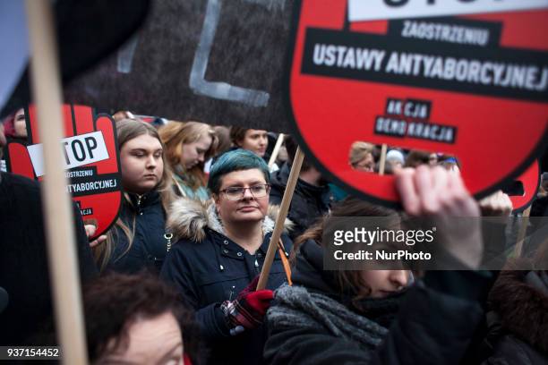 Feminists during strike against restrictions in Abortion Law in Warsaw on March 23, 2018.