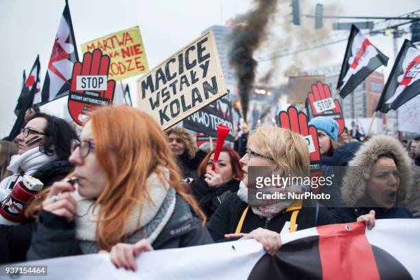 Feminists during strike against restrictions in Abortion Law in Warsaw on March 23, 2018.