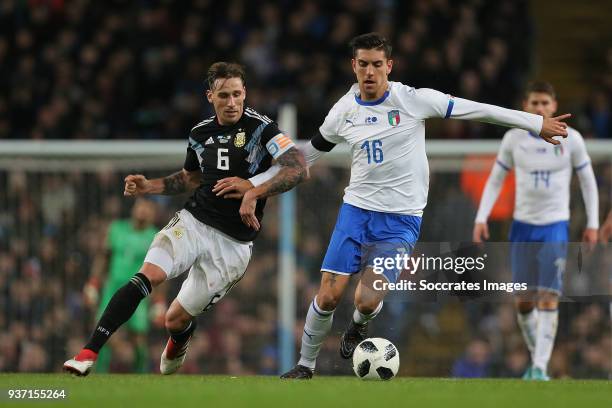 Lucas Biglia of Argentina, Lorenzo Pellegrini of Italy during the International Friendly match between Italy v Argentina at the Etihad Stadium on...