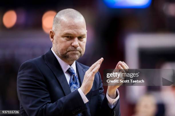 Head coach Michael Malone of the Denver Nuggets reacts against the Washington Wizards during the first half at Capital One Arena on March 23, 2018 in...