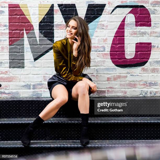 Emily DiDonato is seen during a photoshoot for Maybelline in SoHo on March 23, 2018 in New York City.