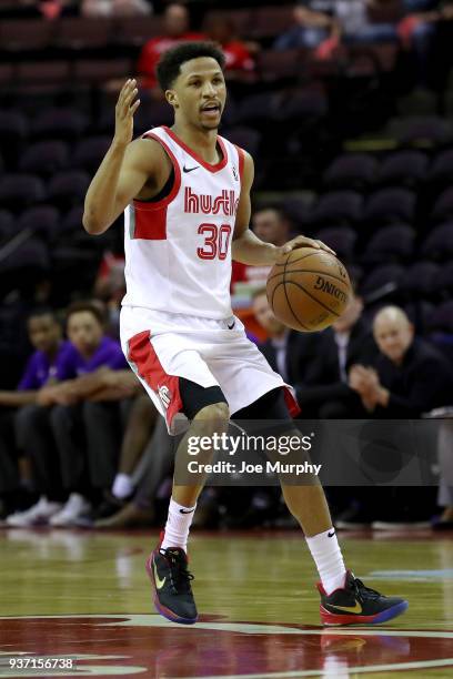 Frazier of the Memphis Hustle handles the ball during the game against the South Bay Lakers during a NBA G-League game on March 23, 2018 at Landers...
