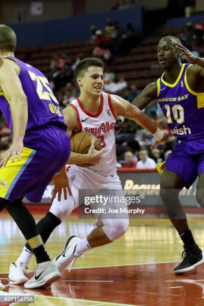 Dusty Hannahs of the Memphis Hustle jocks for a position during the game against the South Bay Lakers during a NBA G-League game on March 23, 2018 at...