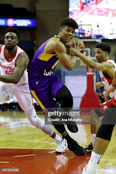 Scott Machado of the South Bay Lakers jocks for a position during the game against the Memphis Hustle during a NBA G-League game on March 23, 2018 at...