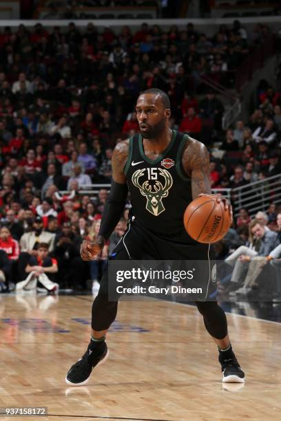 Shabazz Muhammad of the Milwaukee Bucks handles the ball against the Chicago Bulls on March 23, 2018 at the United Center in Chicago, Illinois. NOTE...