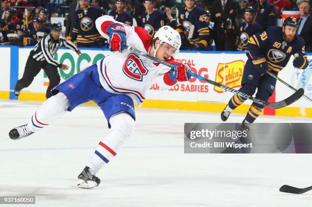 Jacob de la Rose of the Montreal Canadiens fires the puck during an NHL game against the Buffalo Sabres on March 23, 2018 at KeyBank Center in...