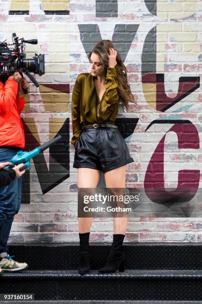 Emily DiDonato is seen during a photoshoot for Maybelline in SoHo on March 23, 2018 in New York City.