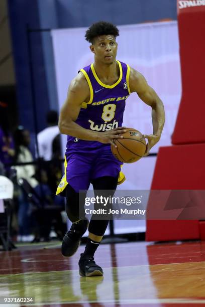 Scott Machado of the South Bay Lakers passes the ball during the game against the Memphis Hustle during a NBA G-League game on March 23, 2018 at...