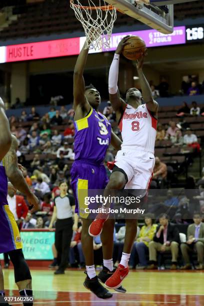 Shaquille Thomas of the Memphis Hustle drives to the basket during the game against the South Bay Lakers during a NBA G-League game on March 23, 2018...