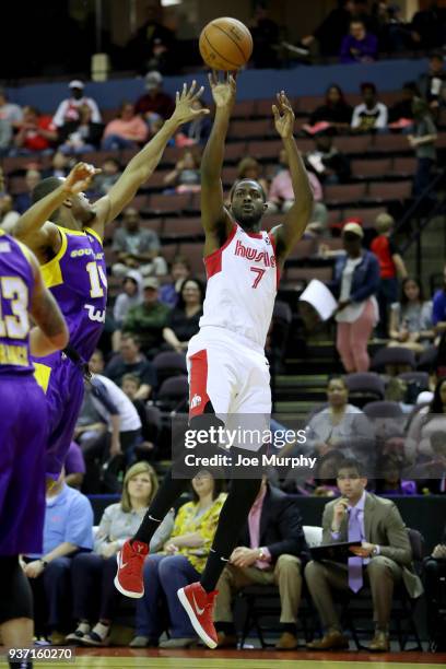 Omari Johnson of the Memphis Hustle shoots the ball during the game against the South Bay Lakers during a NBA G-League game on March 23, 2018 at...