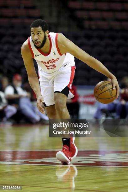 Mark Tyndale of the Memphis Hustle handles the ball during the game against the South Bay Lakers during a NBA G-League game on March 23, 2018 at...