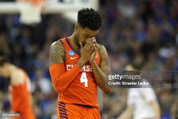 Shelton Mitchell of the Clemson Tigers reacts against the Kansas Jayhawks during the second half in the 2018 NCAA Men's Basketball Tournament Midwest...