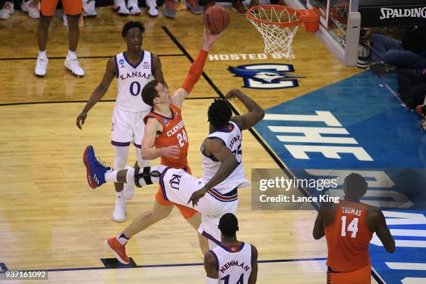 David Skara of the Clemson Tigers puts up a shot against Udoka Azubuike of the Kansas Jayhawks during the 2018 NCAA Men's Basketball Tournament...