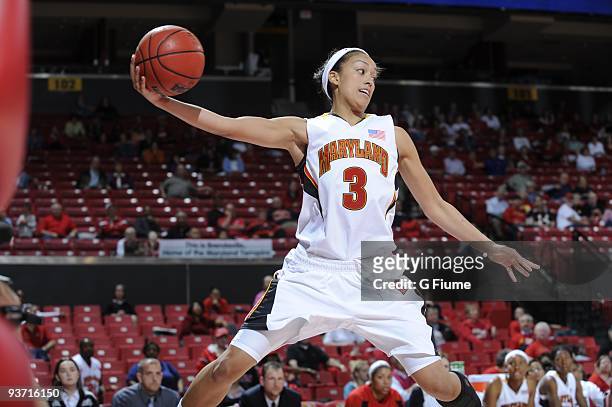 Jackie Nared of the Maryland Terrapins saves the ball from going out of bounds during the game against the New Hampshire Wildcats at the Comcast...