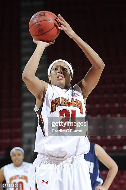 Tianna Hawkins of the Maryland Terrapins shoots a free throw against the New Hampshire Wildcats at the Comcast Center on November 16, 2009 in College...