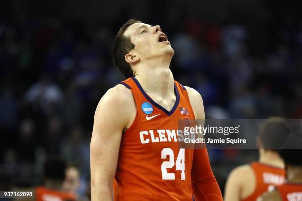 David Skara of the Clemson Tigers reacts after being defeated by the Kansas Jayhawks in the 2018 NCAA Men's Basketball Tournament Midwest Regional at...
