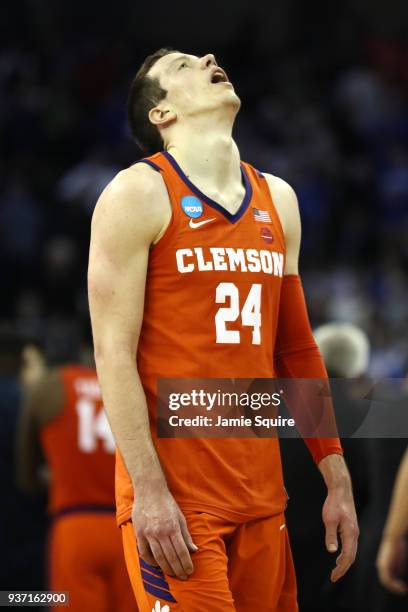 David Skara of the Clemson Tigers reacts after being defeated by the Kansas Jayhawks in the 2018 NCAA Men's Basketball Tournament Midwest Regional at...