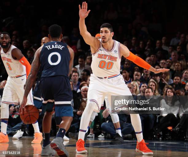 Enes Kanter of the New York Knicks plays defense against the Minnesota Timberwolves on March 23, 2018 at Madison Square Garden in New York City, New...