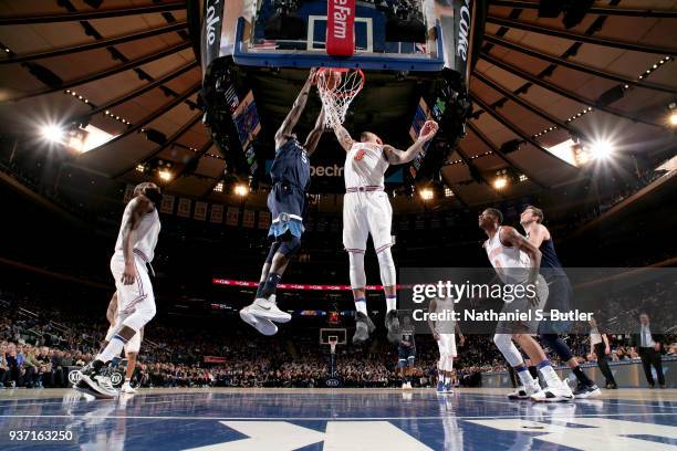 Gorgui Dieng of the Minnesota Timberwolves goes to the basket against the New York Knicks on March 23, 2018 at Madison Square Garden in New York...