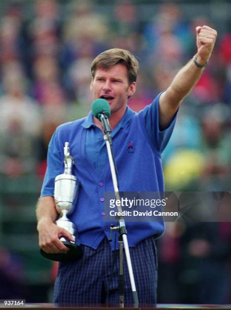 Did it My Way!" Nick Faldo of England sings ''My Way'' after receiving the Claret Jug for winning the British Open at Muirfield in Scotland. \...