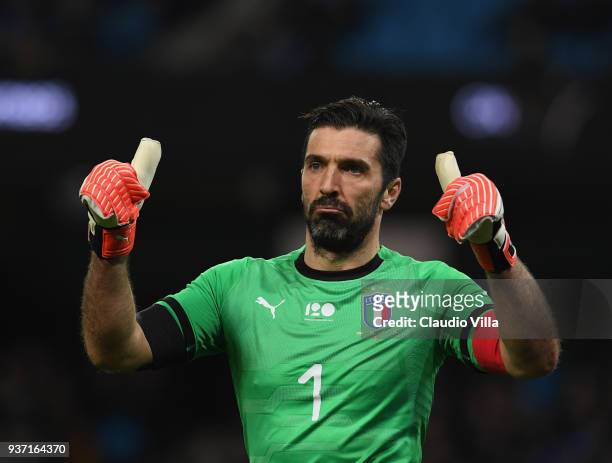Gianluigi Buffon of Italy reacts during the International Friendly between Argentina and Italy at Etihad Stadium on March 23, 2018 in Manchester,...