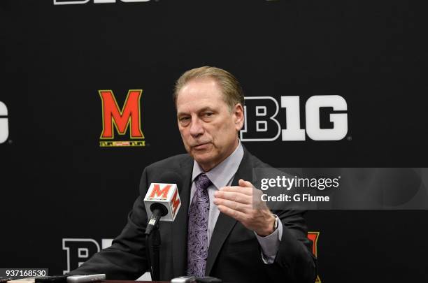 Head coach Tom Izzo of the Michigan State Spartans talks to the media after the game against the Maryland Terrapins at Xfinity Center on January 28,...