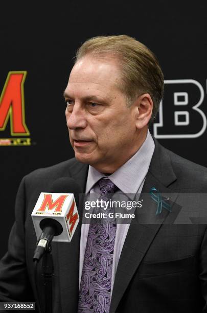 Head coach Tom Izzo of the Michigan State Spartans talks to the media after the game against the Maryland Terrapins at Xfinity Center on January 28,...