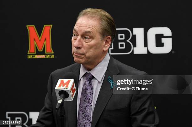 Head coach Tom Izzo of the Michigan State Spartans talks to the media after the game against the Maryland Terrapins at Xfinity Center on January 28,...