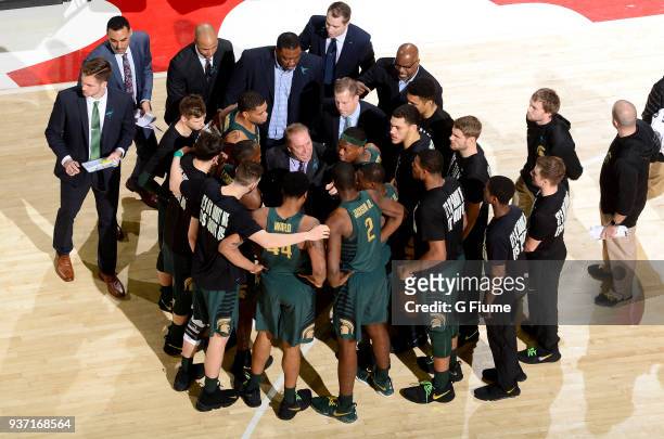 Head coach Tom Izzo of the Michigan State Spartans talks to his team during a timeout in the game against the Maryland Terrapins at Xfinity Center on...