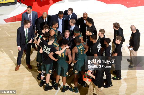 Head coach Tom Izzo of the Michigan State Spartans talks to his team during a timeout in the game against the Maryland Terrapins at Xfinity Center on...