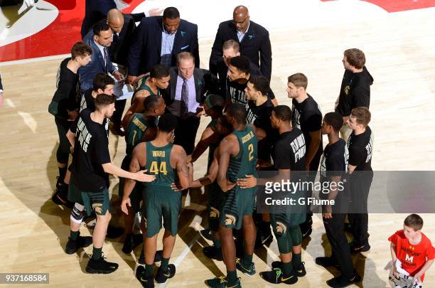 Head coach Tom Izzo of the Michigan State Spartans talks to his team during a timeout in the game against the Maryland Terrapins at Xfinity Center on...