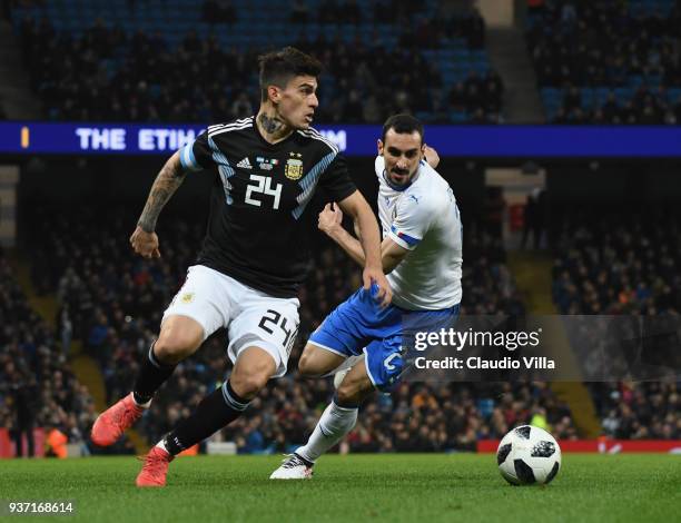 Diego Perotti of Argentina in action during the International Friendly between Argentina and Italy at Etihad Stadium on March 23, 2018 in Manchester,...