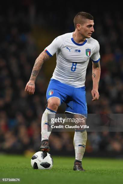 Marco Verratti of Italy in action during the International Friendly between Argentina and Italy at Etihad Stadium on March 23, 2018 in Manchester,...
