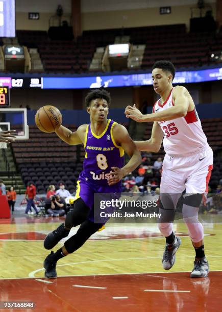 Scott Machado of the South Bay Lakers handles the ball during the game against the Memphis Hustle during a NBA G-League game on March 23, 2018 at...