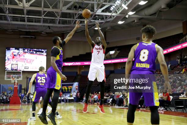 Omari Johnson of the Memphis Hustle shoots the ball during the game against the South Bay Lakers during a NBA G-League game on March 23, 2018 at...