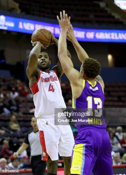 Myke Henry of the Memphis Hustle shoots the ball against the South Bay Lakers during a NBA G-League game on March 23, 2018 at Landers Center in...