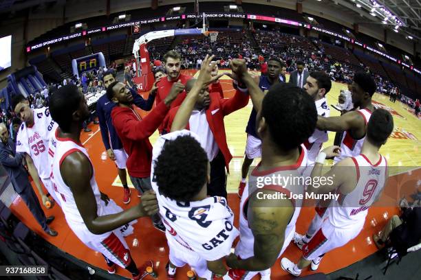The Memphis Hustle huddle before a NBA G-League game against the South Bay Lakers on March 23, 2018 at Landers Center in Southaven, Mississippi. NOTE...