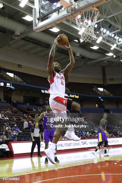 Myke Henry of the Memphis Hustle drives to the basket during a NBA G-League game against the South Bay Lakers on March 23, 2018 at Landers Center in...