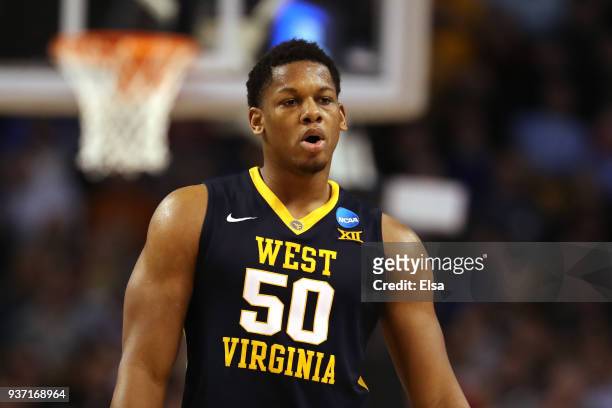Sagaba Konate of the West Virginia Mountaineers reacts against the Villanova Wildcats during the second half in the 2018 NCAA Men's Basketball...