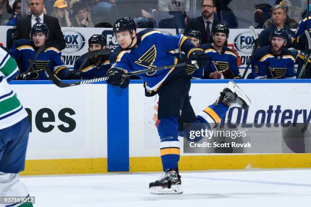 Colton Parayko of the St. Louis Blues takes a shot against the Vancouver Canucks at Scottrade Center on March 23, 2018 in St. Louis, Missouri.